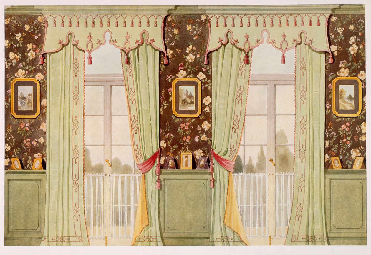 Eleganta salongsgardiner med utarbetad pelmet av Richard Goulburn Lovell
