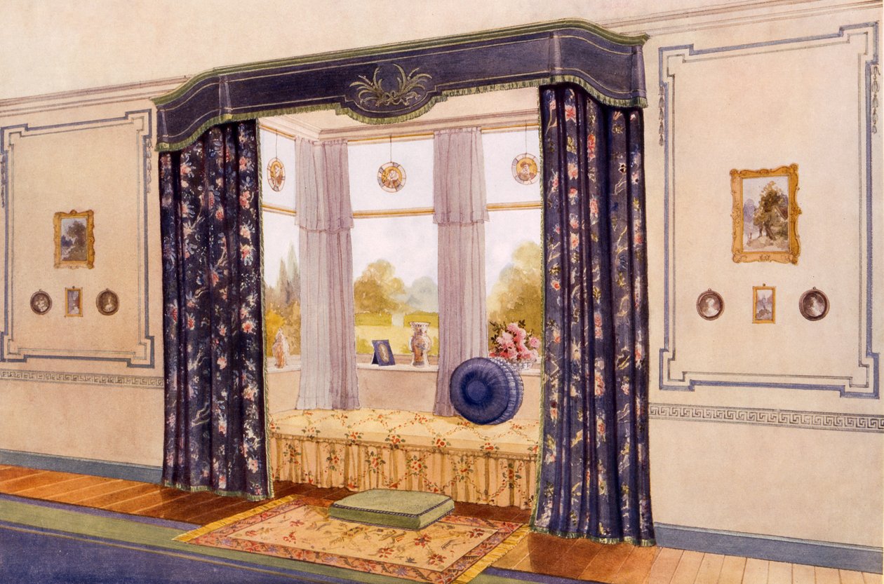 Fönstersäte omslutet av lyxiga draperier, tidigt 1900-tal av Richard Goulburn Lovell
