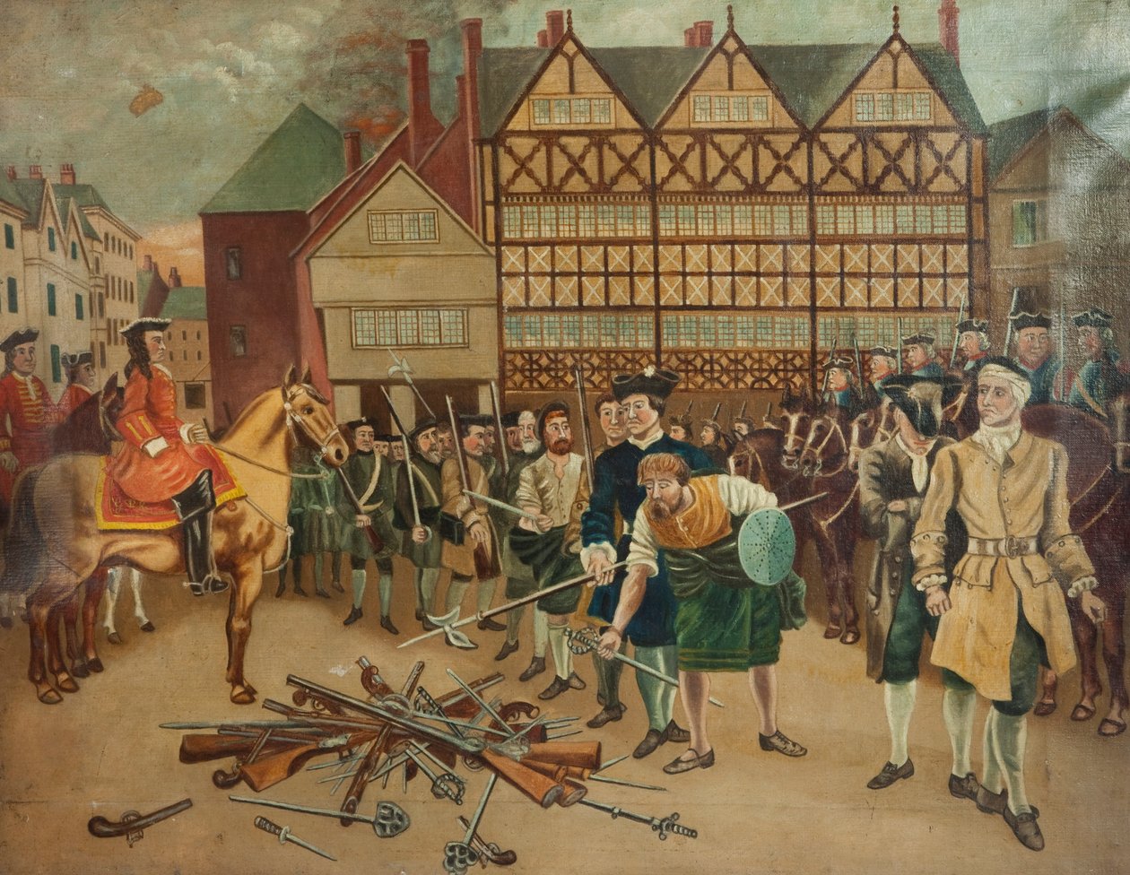 Jakobitiska trupper överlämnade sina vapen till allmänna testamenten på Preston Market Place 1715 av Richard Holmes