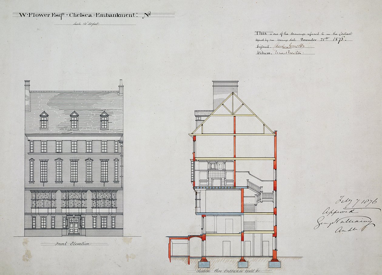 Ritning till ett hus för W. Flower Esq, Chelsea Embankment, London, 1876 (penna, bläck och wc på papper) av Richard Norman Shaw