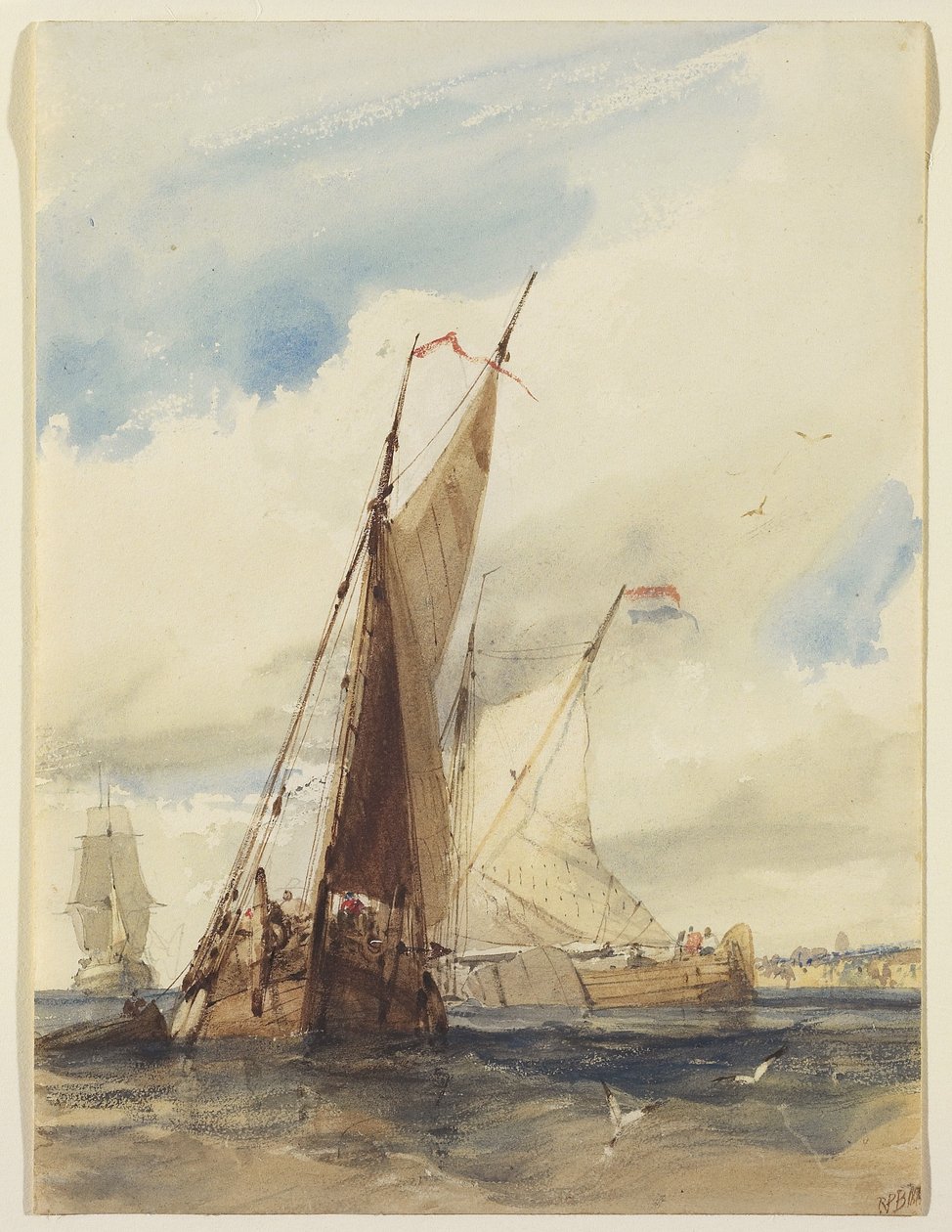 Vyombo vya Uvuvi vya Uholanzi karibu na Pwani ya Ufaransa, 1825 (wc juu ya grafiti na kukwaruza kwenye karatasi iliyosokotwa) av Richard Parkes Bonington