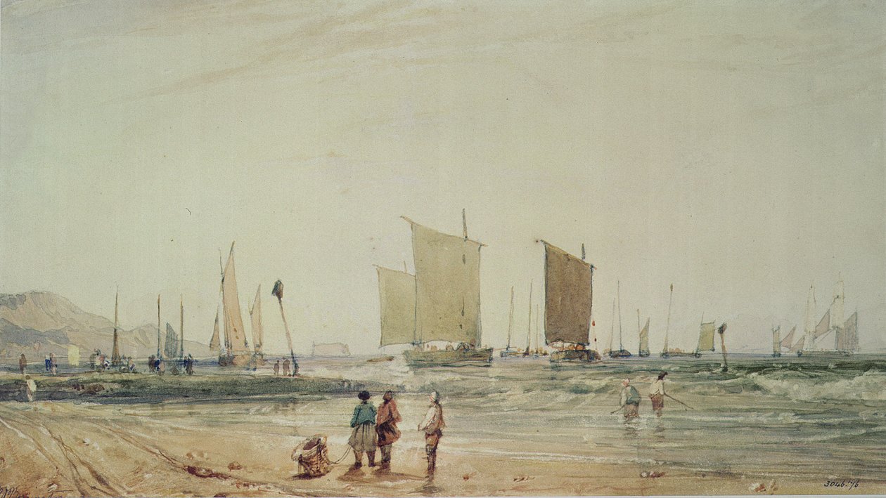 Franska kusten, med fiskebåtar, 1800-talet (akvarell) av Richard Parkes Bonington