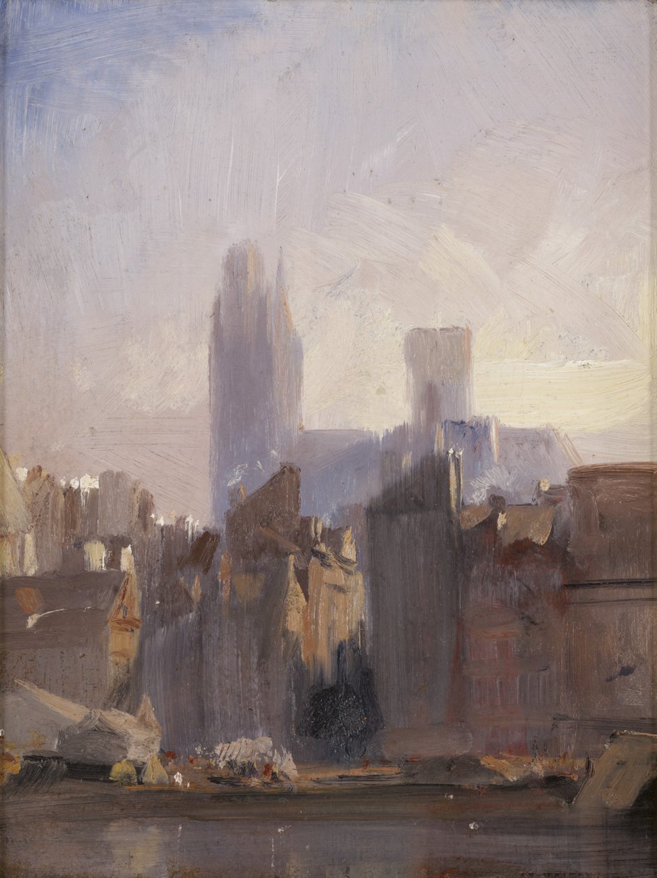 Rouens katedral, soluppgång, 1825 (olja på kvarnbräda) av Richard Parkes Bonington