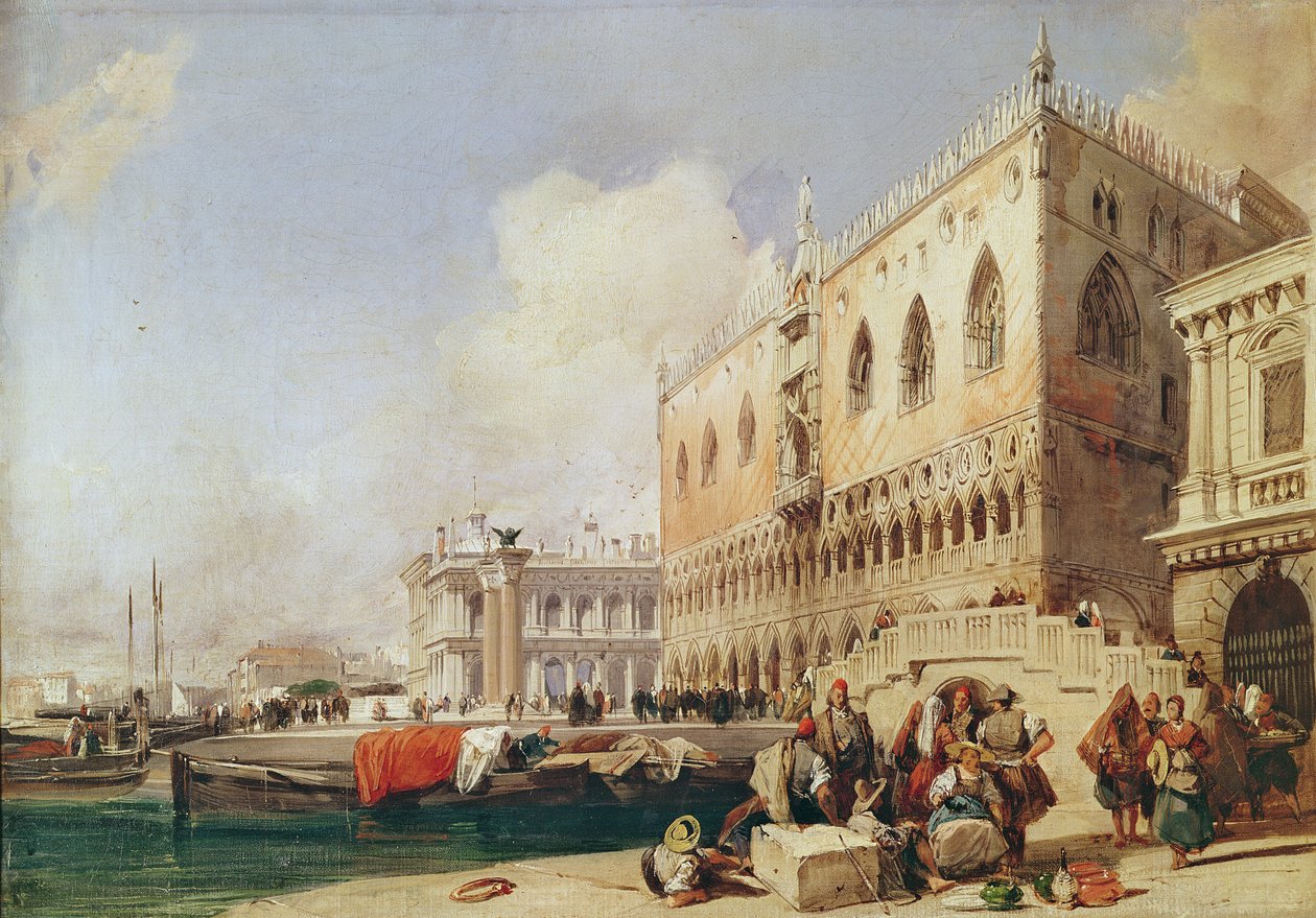 Udsigt over Venedig. Riva degli Schiavoni og Dogepaladset swed av Richard Parkes Bonington