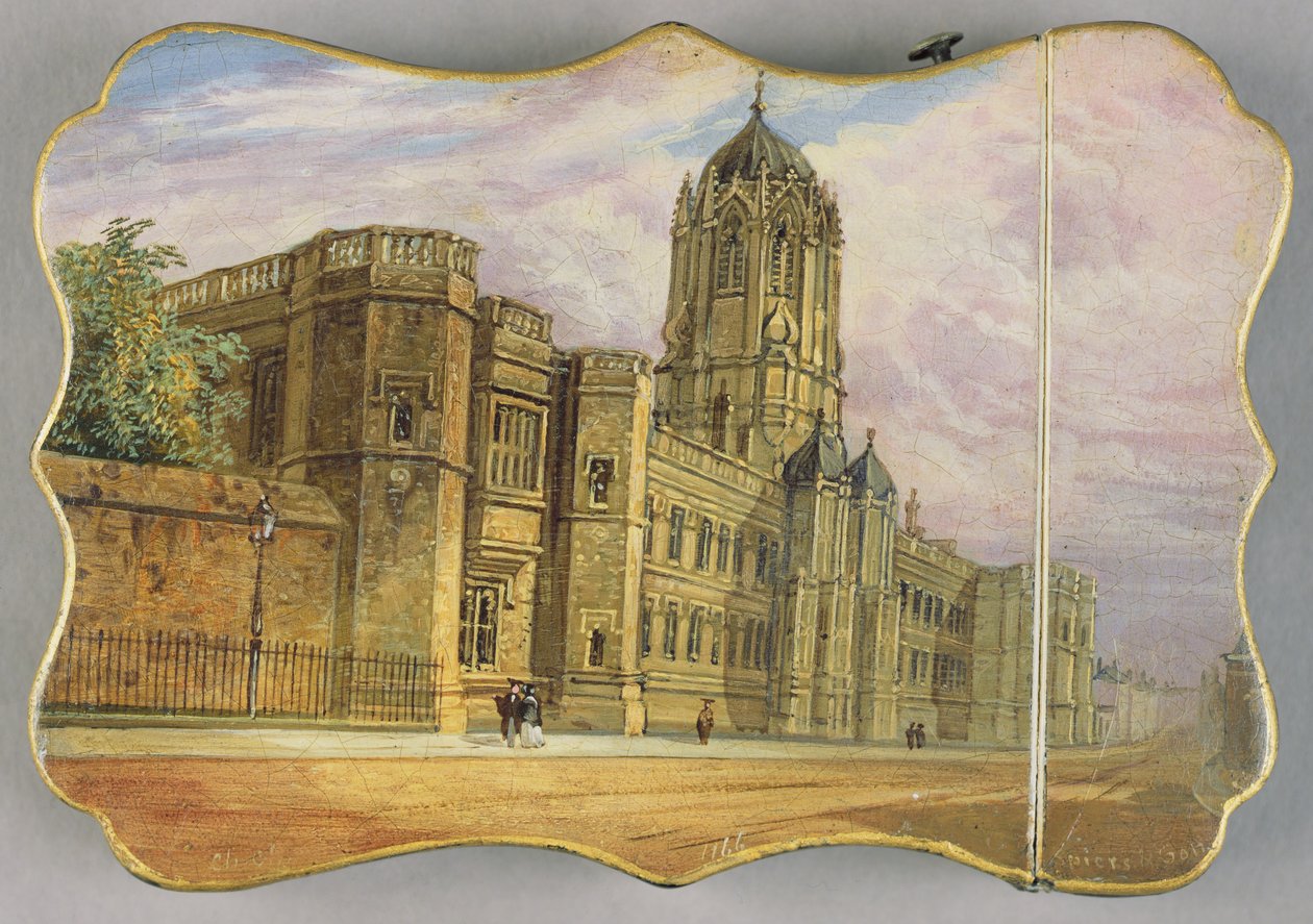 Viktorianskt kortfodral, med en scen av Christ Church, Oxford och Tom Tower (papier mache) av Richard Phene and Benjamin W. Spiers