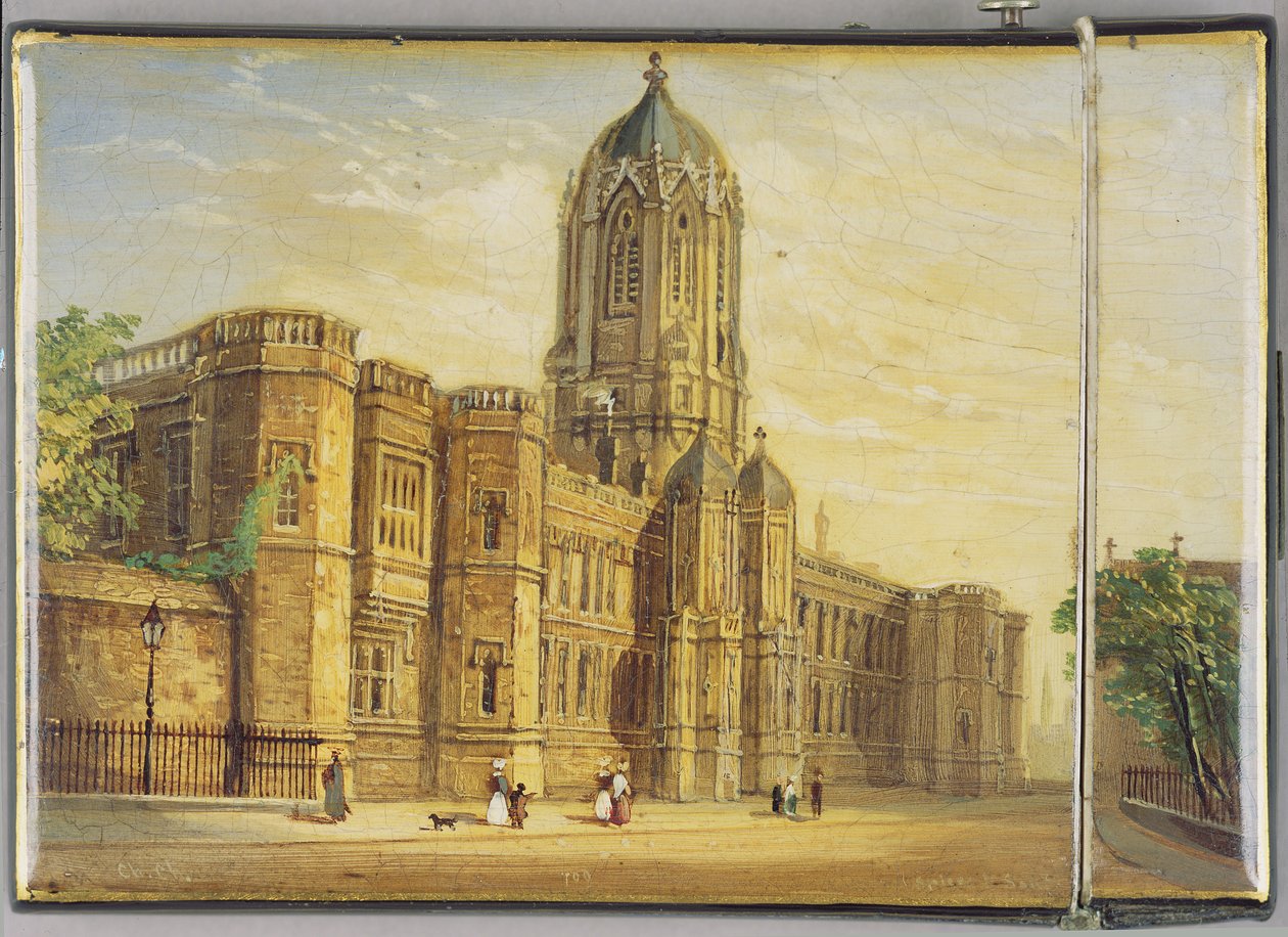 Victoriansk kortväska, med en scen av Christ Church, Oxford och Tom Tower (papier mache) av Richard Phene and Benjamin W. Spiers