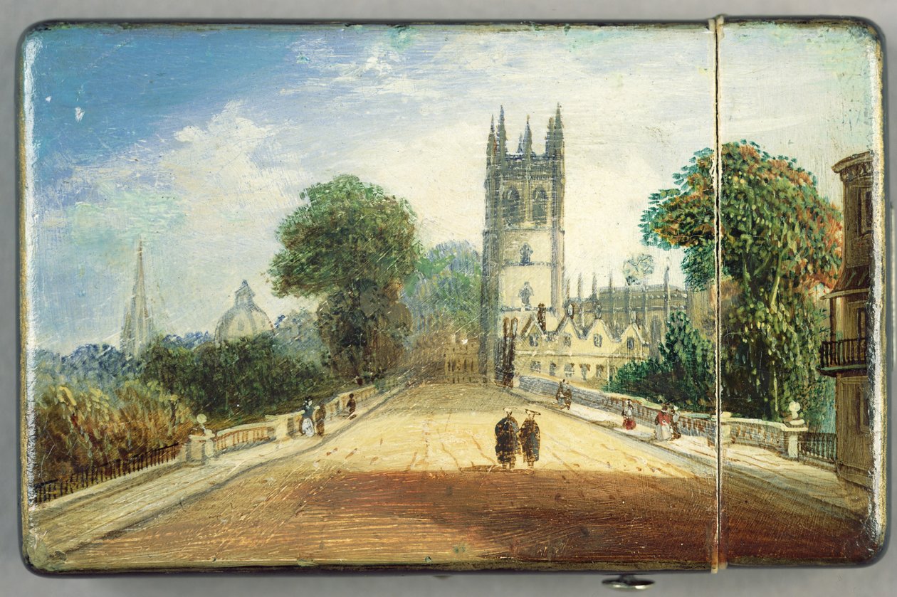 Victoriansk kortväska, med en scen av Magdalen College, Oxford (papier mache) (se 256309 för baksidan) av Richard Phene and Benjamin W. Spiers