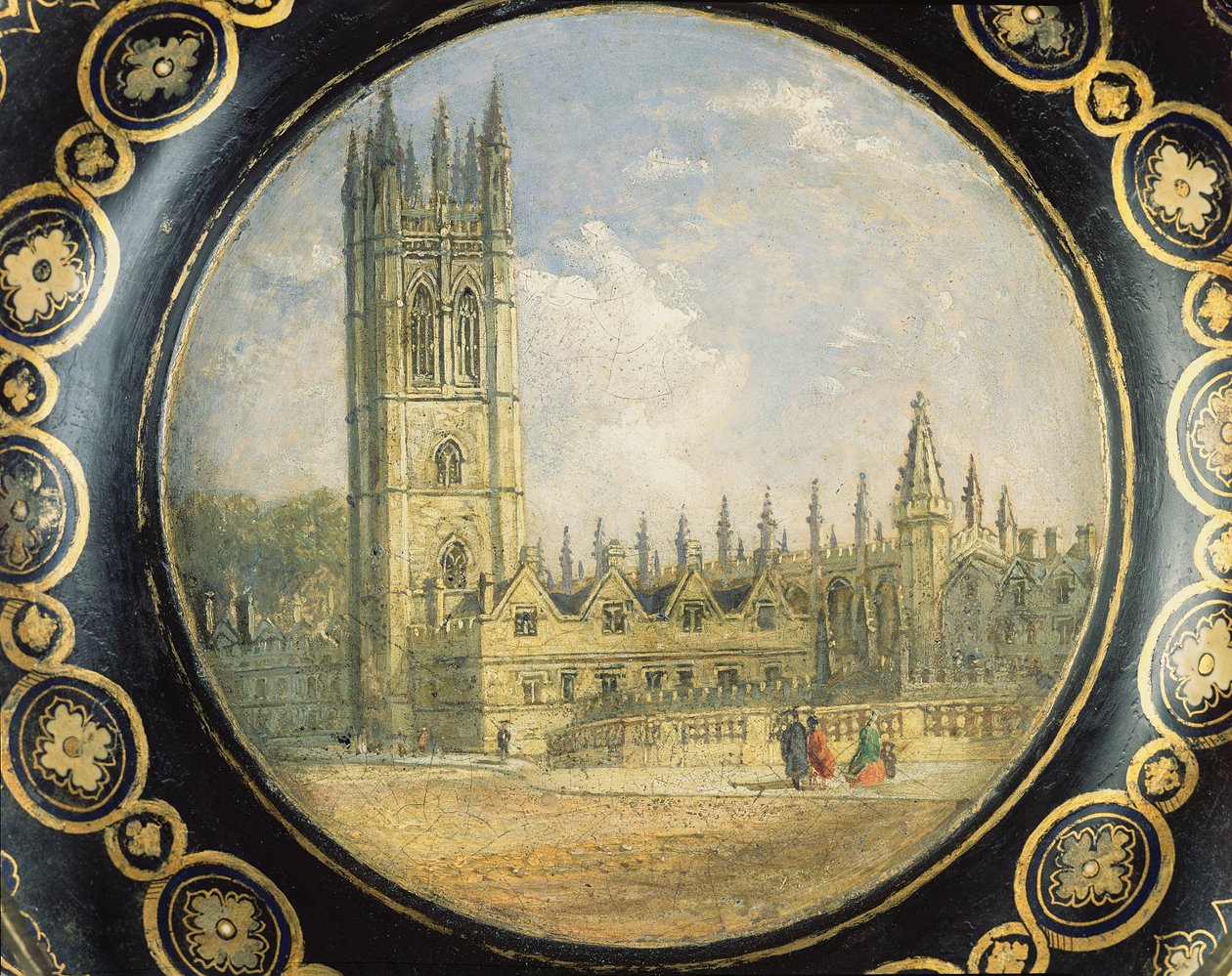 Viktoriansk kortbricka dekorerad med en scen från Magdalen College, Oxford (papier mache) av Richard Phene and Benjamin W. Spiers