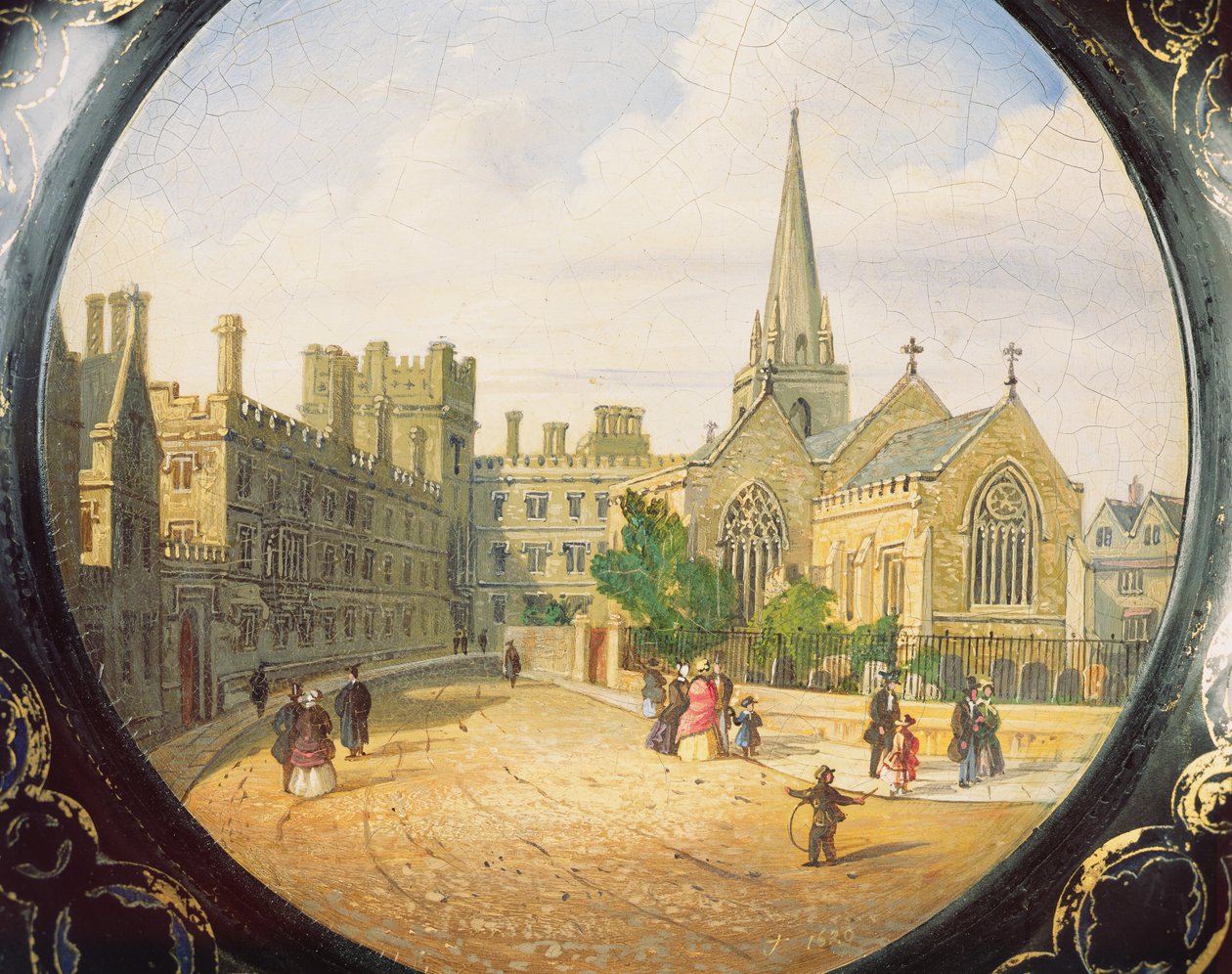 Viktoriansk kortbricka dekorerad med en scen av Pembroke College, Oxford och St. Aldates kyrka (papier mache) av Richard Phene and Benjamin W. Spiers