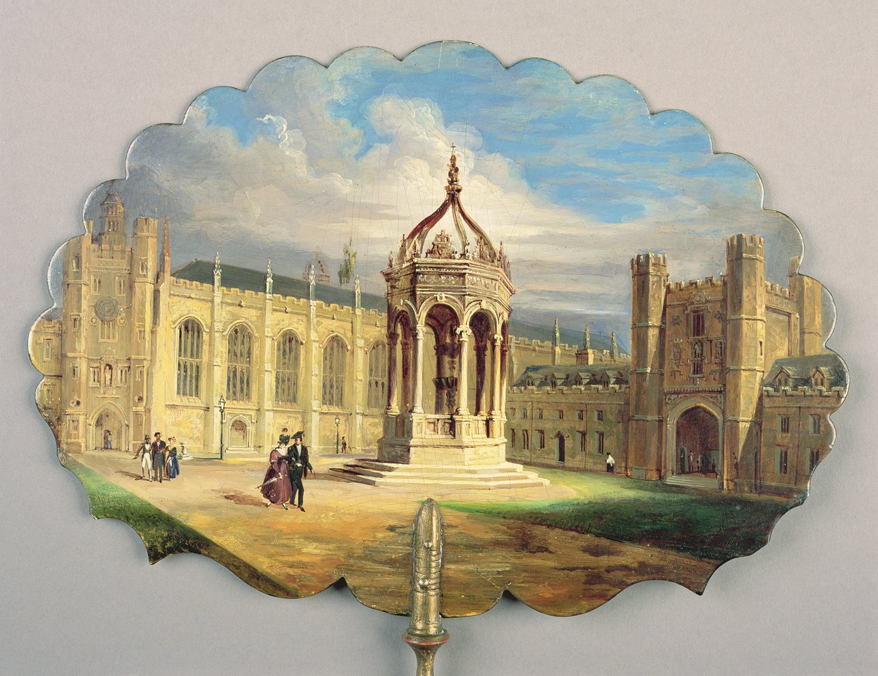 Viktoriansk skärm, med en scen av fontänhuvudet i Trinity College Great Court, Cambridge (papier mache) av Richard Phene and Benjamin W. Spiers