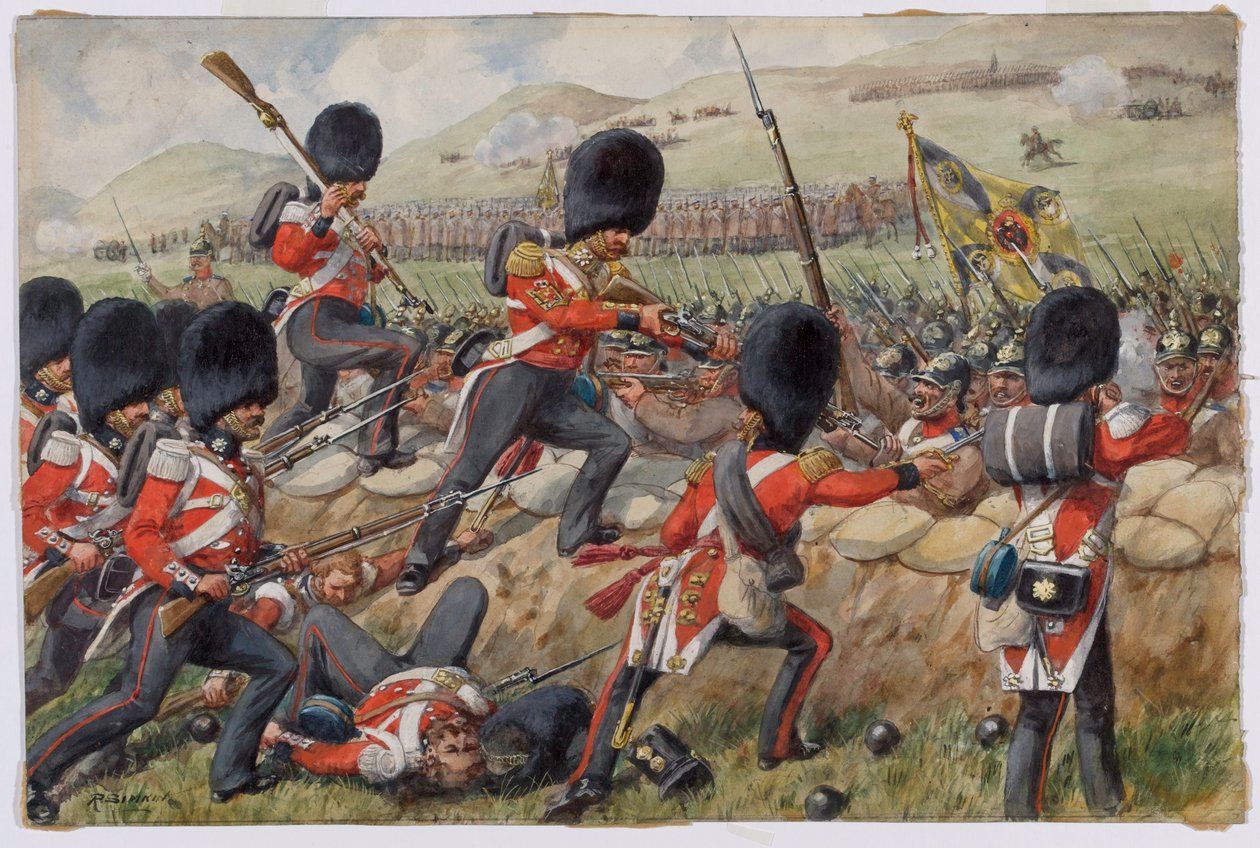 Detalj av de skotska Fusilier-gardet nu Scots Guards vid slaget vid Alma, Krimkriget, 20 september 1854 wc på papper av Richard Simkin