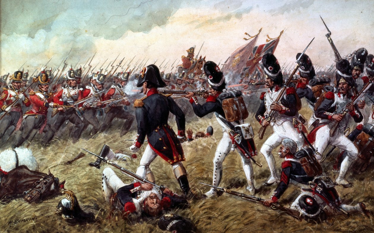 Det 3:e regementet av fotgardister slår tillbaka det gamla gardets sista anfall i slaget vid Waterloo, 18 juni 1815 av Richard Simkin