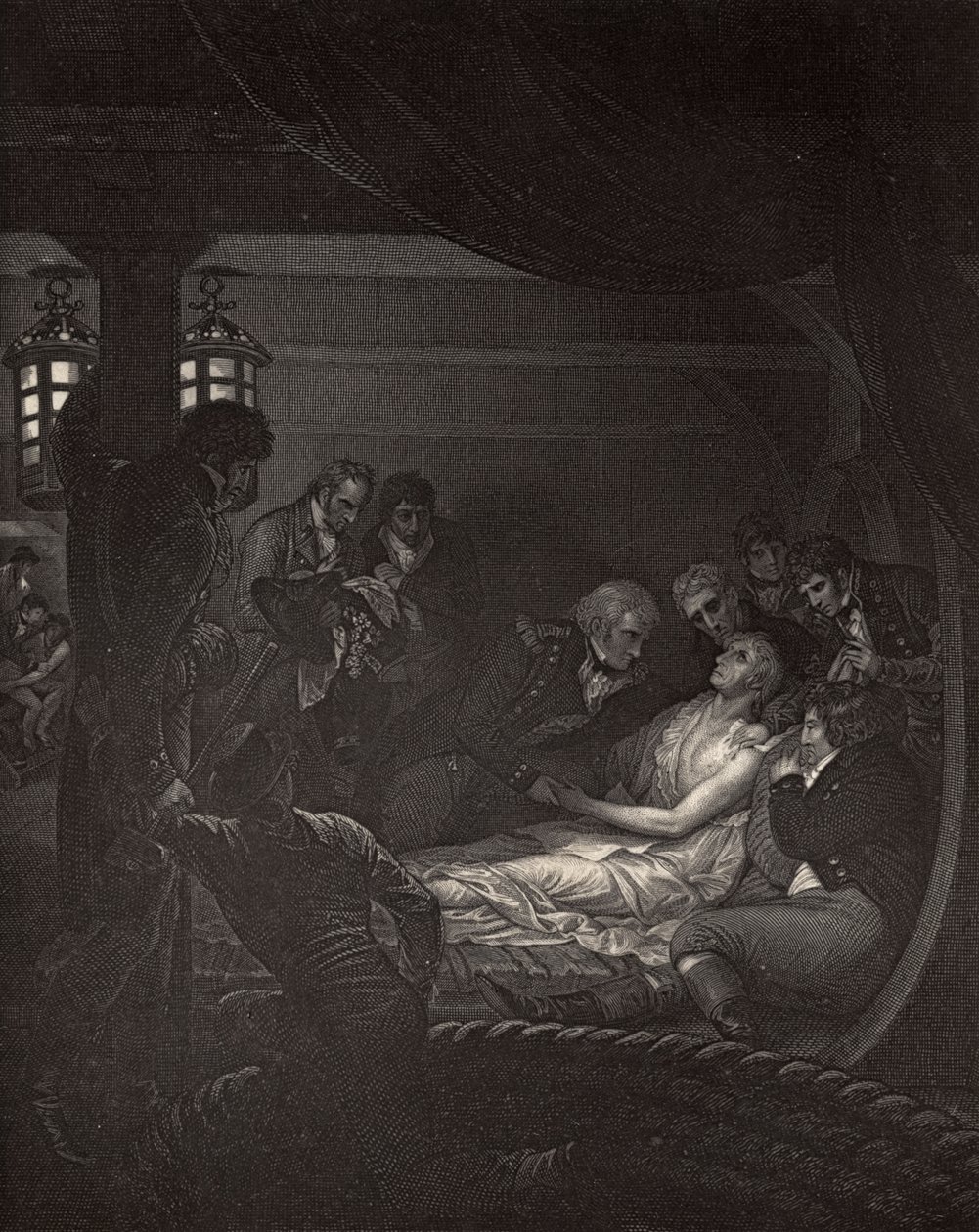 The Death of Nelson (1758-1805) illustration från "The Life of Nelson" av Robert Southey (1774-1843) publicerad först 1813 av Richard Westall