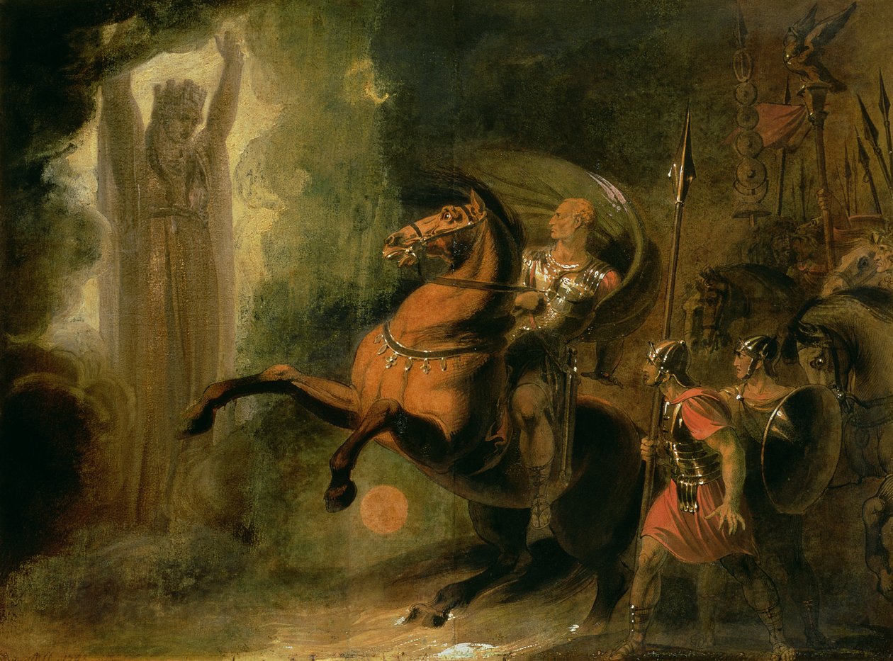 Gudinnan romer som visar sig för Julius Caesar på Bank of the Rubicon, ca 1793 (wc & olja på papper) av Richard Westall