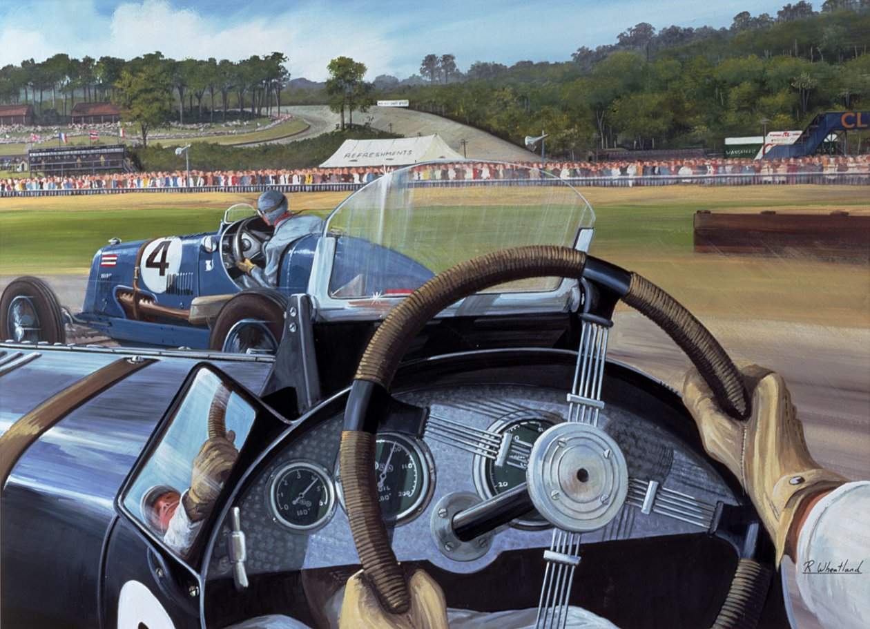 Brooklands - From the Hot Seat (wc och gouache på papper) av Richard Wheatland