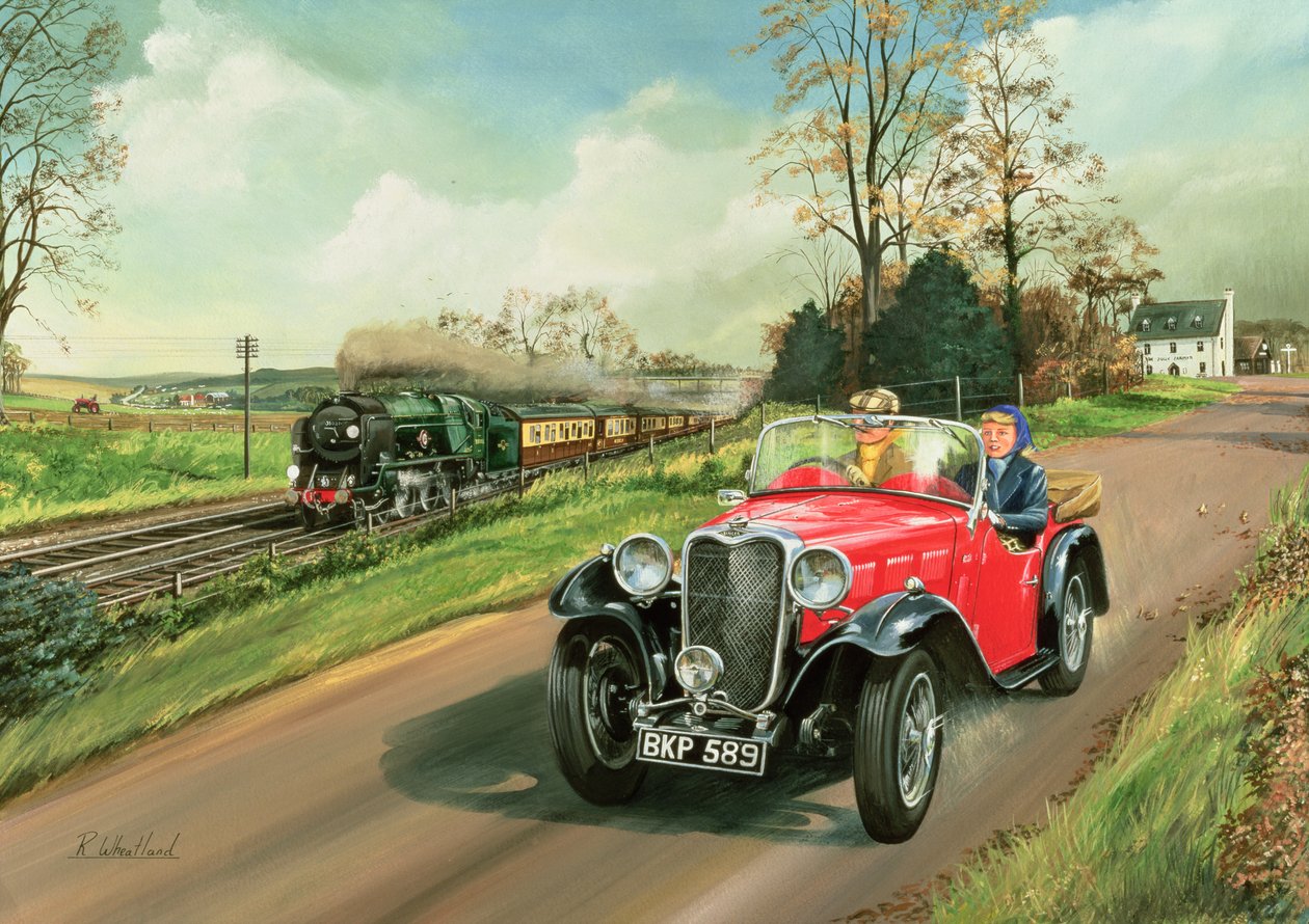 Racing the Train, 1995 (wc & gouache ombord) av Richard Wheatland