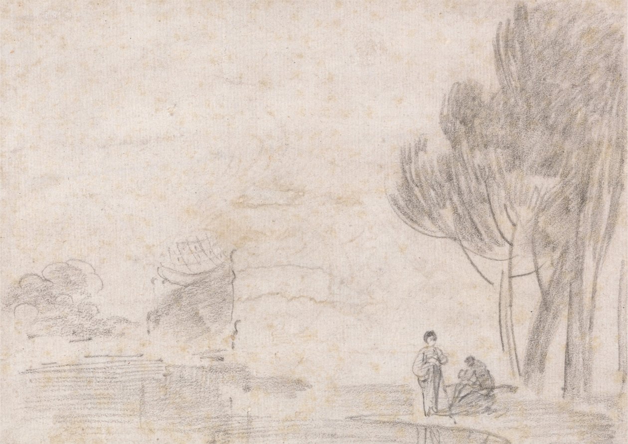 Ruined Temple of Minerva, Two Figures on River Bank av Richard Wilson