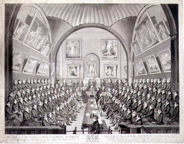 Lord Mayor, Aldermen and Common Council i Council Chamber Guildhall, London, graverad av Thomas Sutherland (f.c.1785) publicerad 1825 (lito) av Richard (after) Dighton