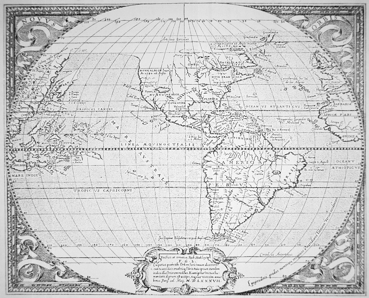 Karta över den nya världen 1587 (litho) av Richard (after) Hakluyt