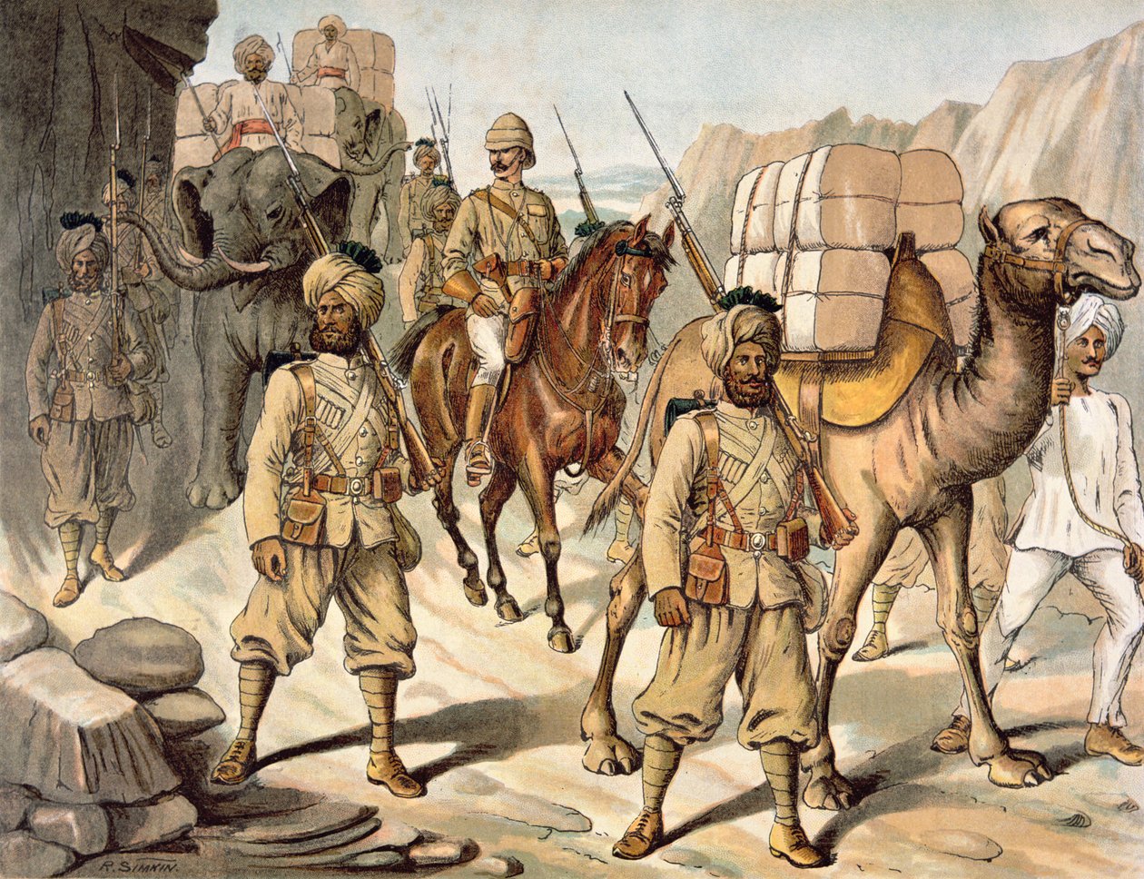 Eskort av det 20:e bengaliska (Punjab) infödda infanteriet, Field Service Kit, 1880-talets anglo-indiska armé (lito i färg) av Richard (after) Simkin