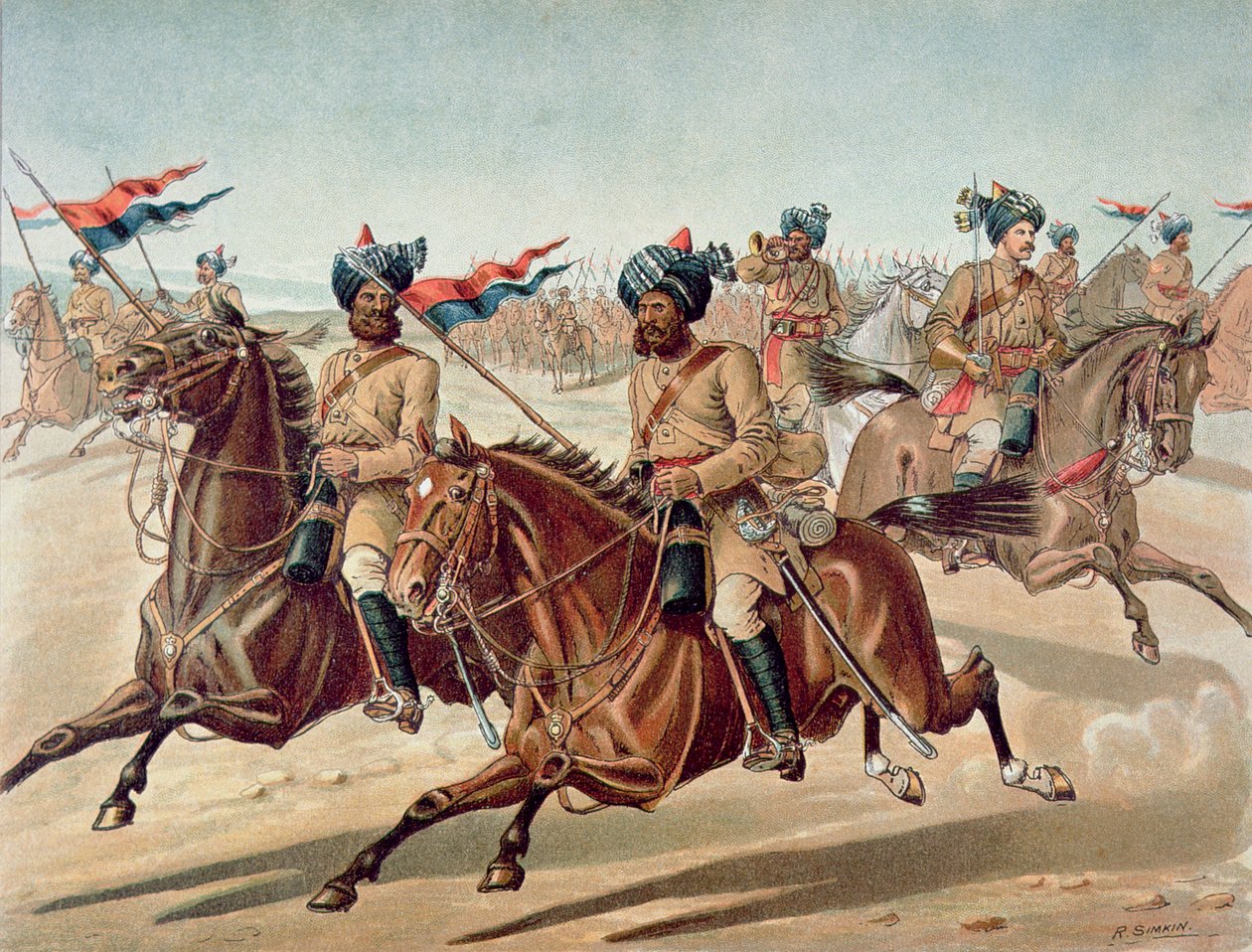 Scouts of the 10th Bengal Lancers (field Service Kit), 1880-talets anglo-indiska armé (färg litho) av Richard (after) Simkin