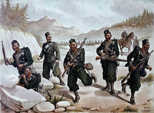 The 3rd Gurkhas Skirmishing, den anglo-indiska armén på 1880-talet (färg litho) av Richard (after) Simkin
