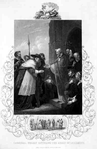 Kardinal Wolsey Entering the Abbey of Leicester, i Henry VIII av William Shakespeare (1564-1616) graverad av A.H. Payne (gravyr) av Richard (after) Westall