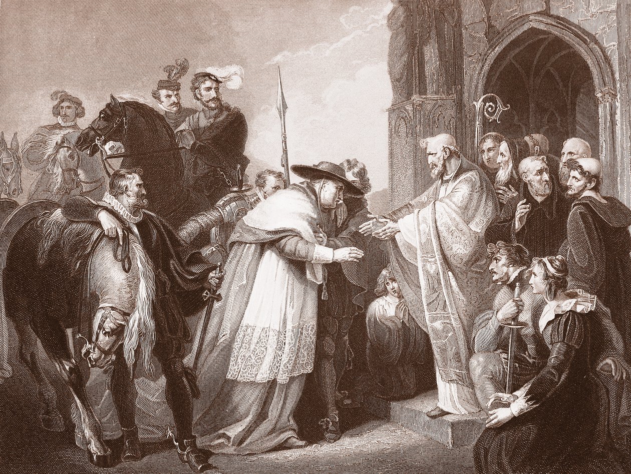 Kardinal Wolsey vid Leicester Abbey, graverad av R. Walther (litho) av Richard (after) Westall