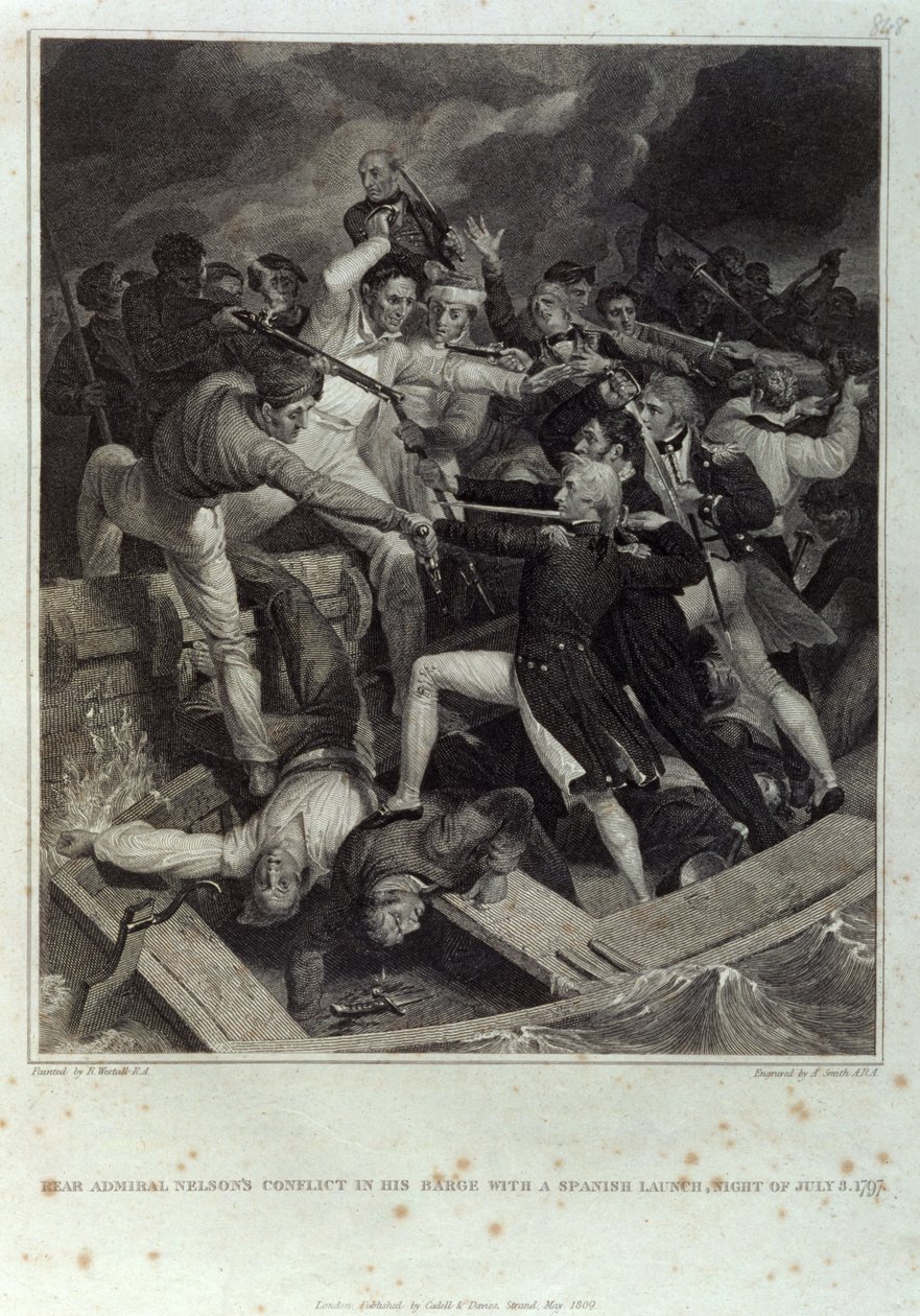 Konteramiral Nelsons konflikt i sin pråm med en spansk uppskjutning, natten den 3 juli 1797, graverad av A. Smith, publicerad av Cadell & Davies, maj 1809 (gravyr) av Richard (after) Westall