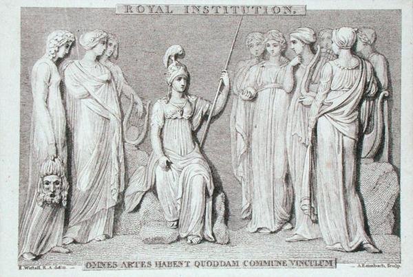 The Royal Institution card, graverat av A. Rannbach, från Michael Faradays klippbok (gravyr) av Richard (after) Westall