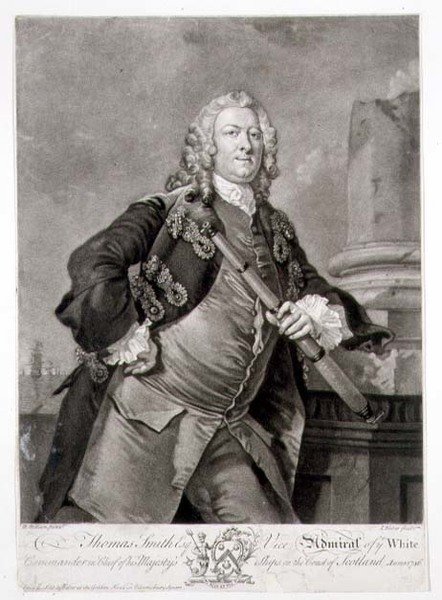 Porträtt av amiral Thomas Smith (d.1762) Viceamiral av den vita, graverad av John Faber (1684-1756) 1746 (gravyr) av Richard (after) Wilson