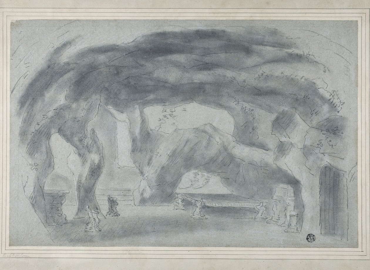 Interiör av en grotta (svart krita med stumpning, förhöjd med inslag av vit krita, på blått papper, nedlagt på kort) av Richard (attr.to) Wilson