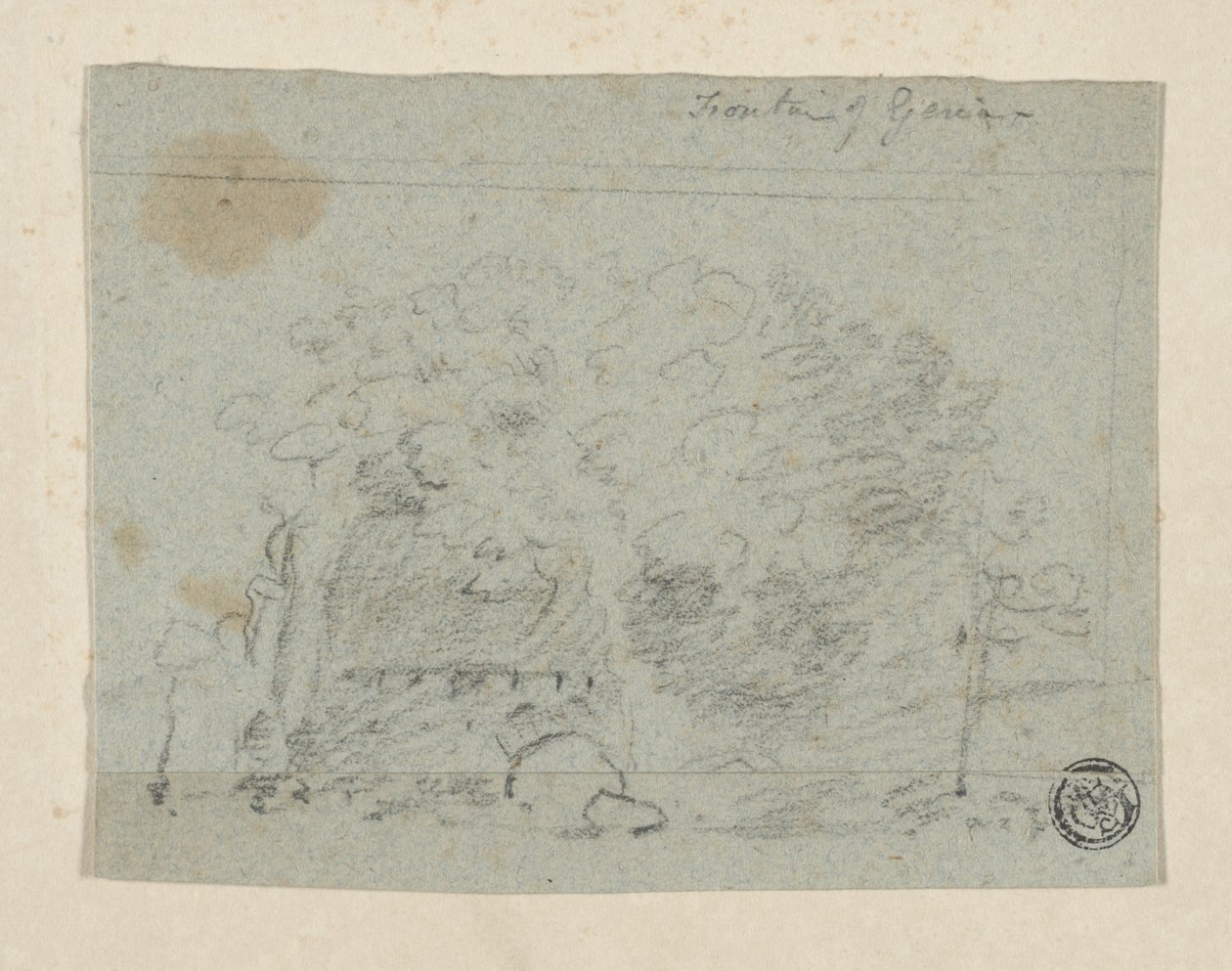 Skiss av träd nära bron (kol & grafit på blått papper, tippat på krämvävt papper) av Richard (attr.to) Wilson