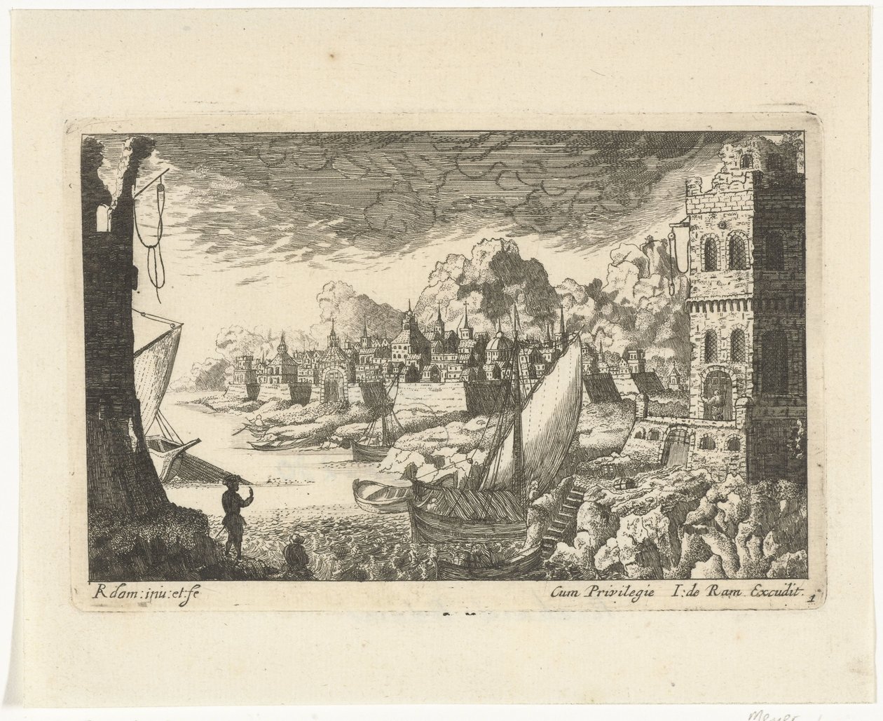 Stadsbild med fiskehamn och förtöjningsbåt Stadslandskap och hamnar (serietitel) av Richard Adam