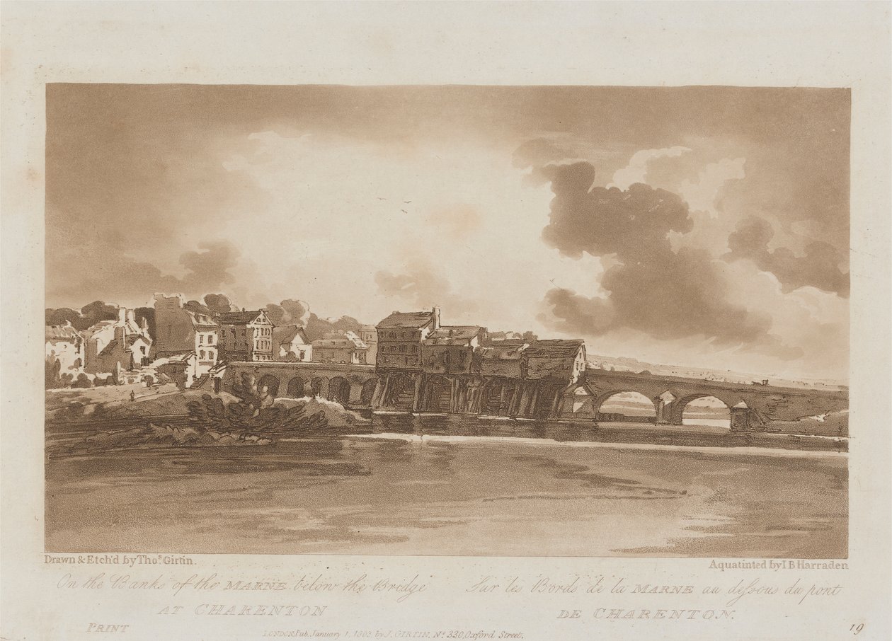 På stranden av Marne nedanför bron vid Charenton 1803; Skylt 19 från Views in Paris, Emanuel Volume-spårningen av plattan B1981.25.2628 av Richard Banks Harraden