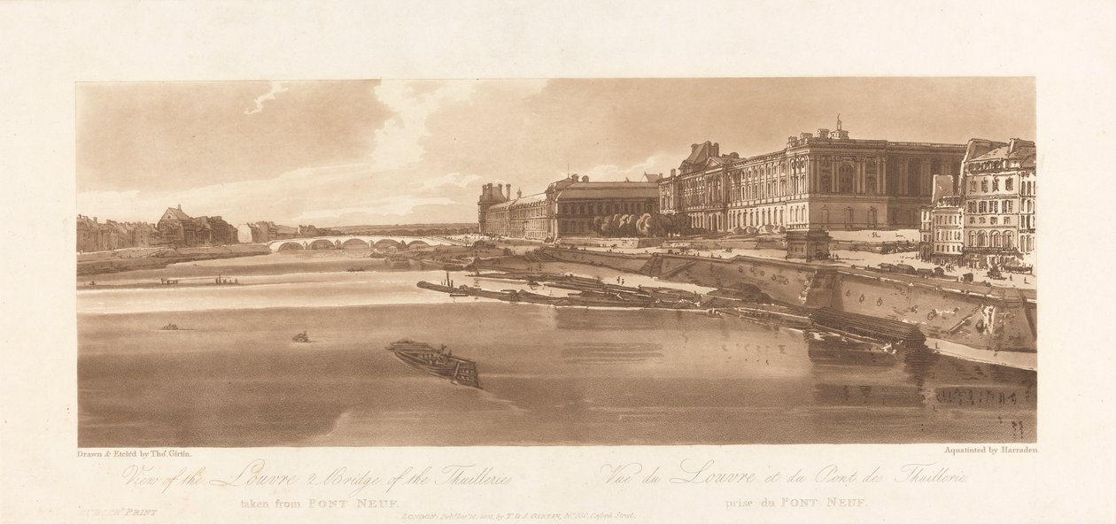 Utsikt över Louvren och Thuilleries bron, tagen från Pont Neuf. 1802; Plåt 2 från Views in Paris, Emanuel Volume Tracing av plattan, B1981.25.2613 av Richard Banks Harraden