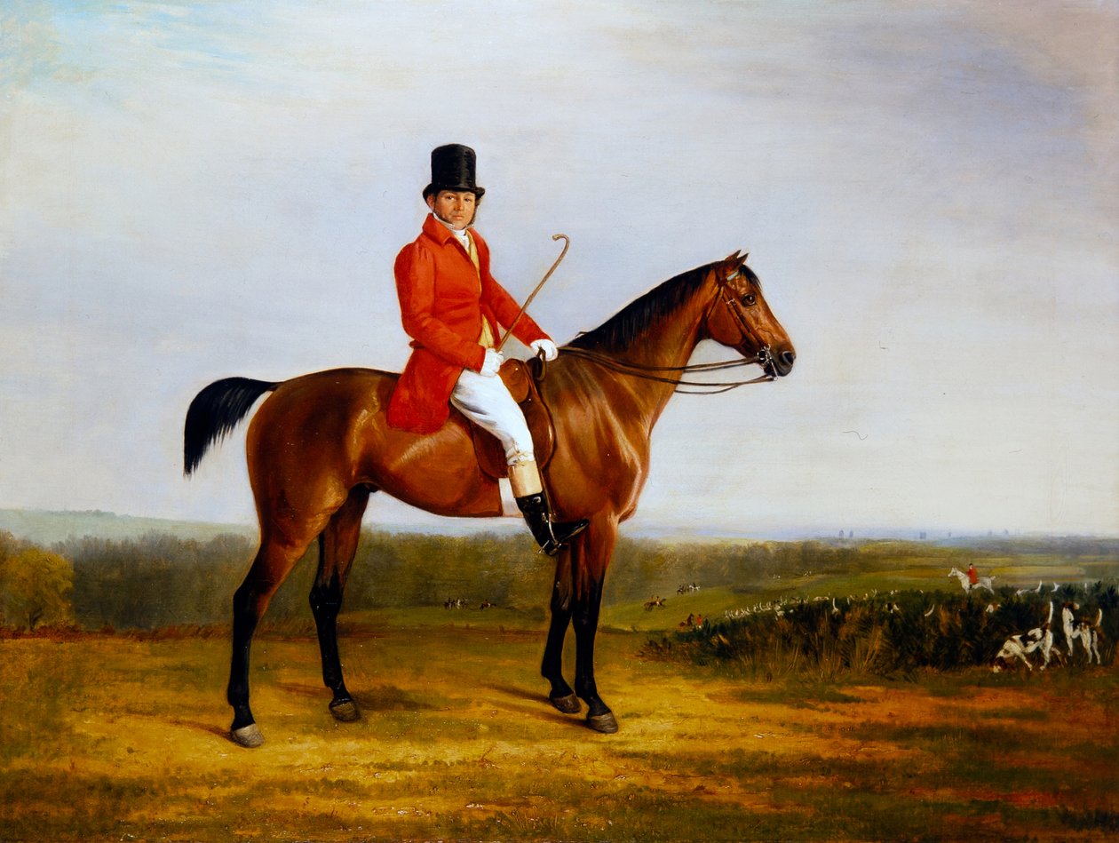 Isaac Sadler monterad på en Bay Hunter (olja på duk) av Richard Barrett Davis