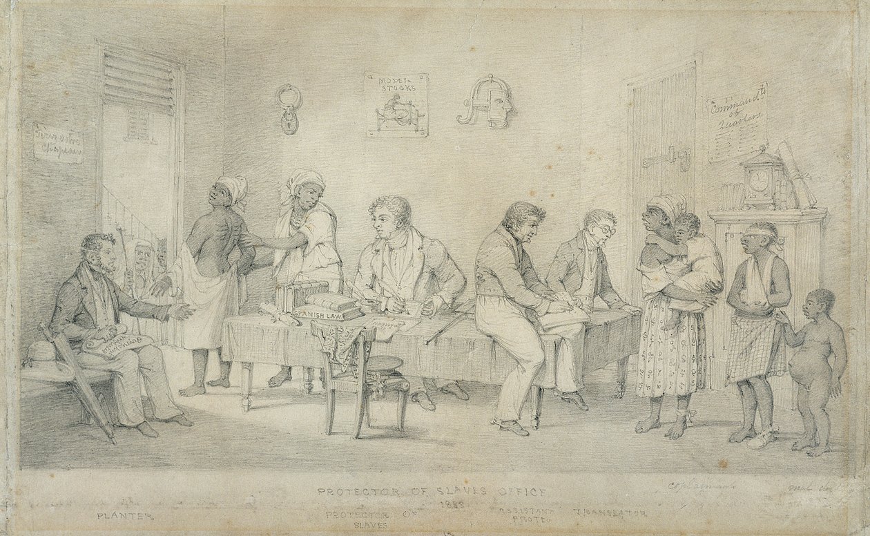 Protector of Slaves Office, Trinidad, ca 1833 (grafit på vävt papper) av Richard Bridgens