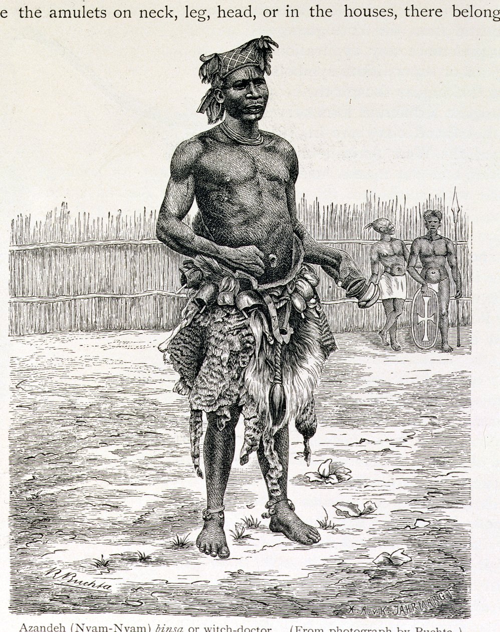 Azandeh (Nyam-Nyam) Binsa eller Witch Doctor, graverad av Jahrmargt, från "The History of Mankind" av Prof. Friedrich Ratzel, pub. 1904 (gravyr) av Richard Buchta