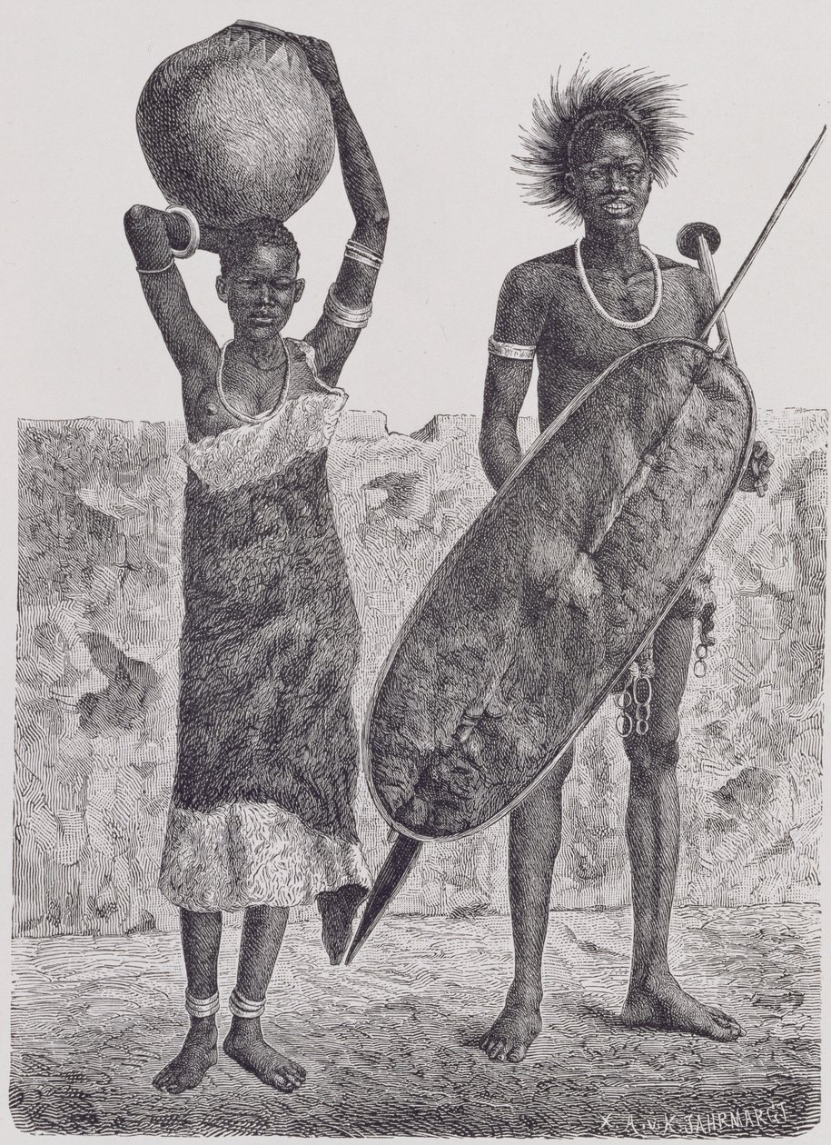 Shillook-krigare och flicka, graverad av Jahrmargt, ur "The History of Mankind", Vol.III, av professor Friedrich Ratzel, 1898. av Richard Buchta