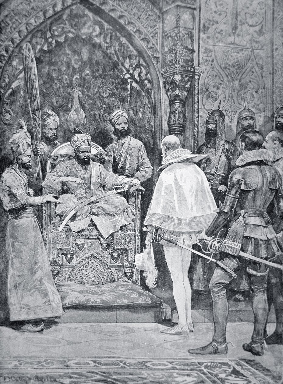 Akbar den store tar emot drottning Elizabeths ambassadör 1599 (litho) av Richard Caton (after) Woodville