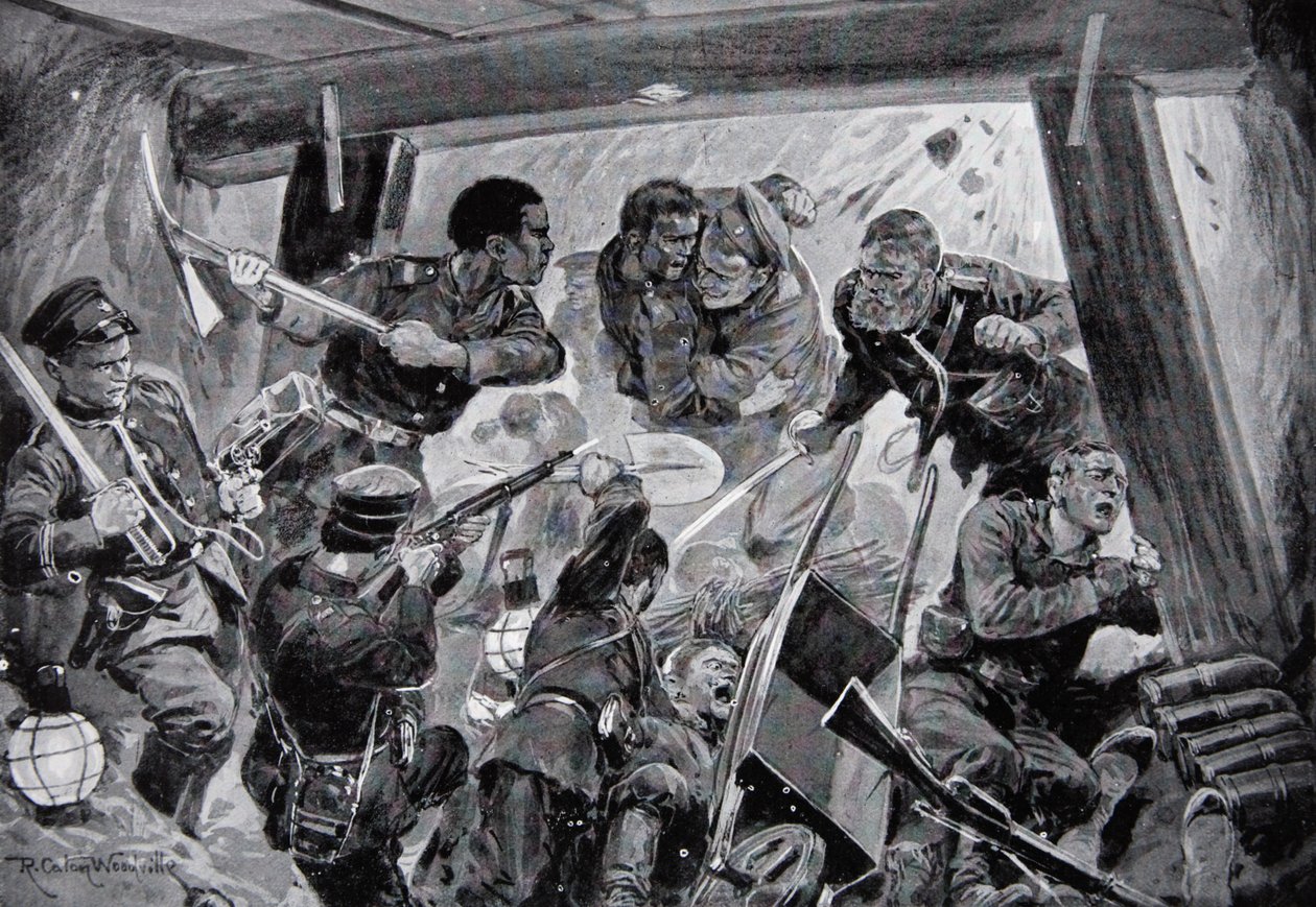 Det rysk-japanska kriget: en hand-till-hand kamp i markarbetena i Port Arthur, illustration från 