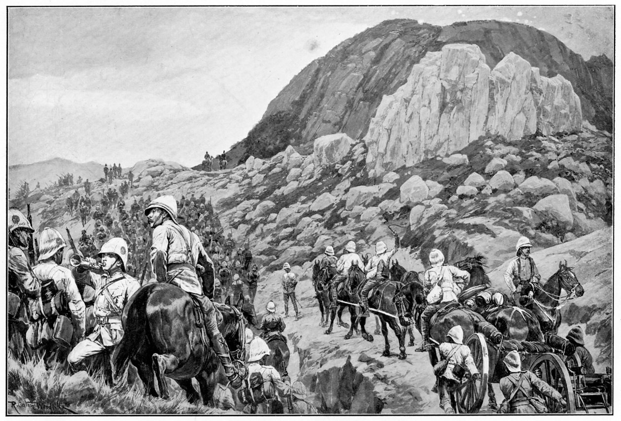 Brittiskt artilleri går till attack mot Spion Kop, 2:a boerkriget, 24 januari 1900 av Richard Caton II Woodville
