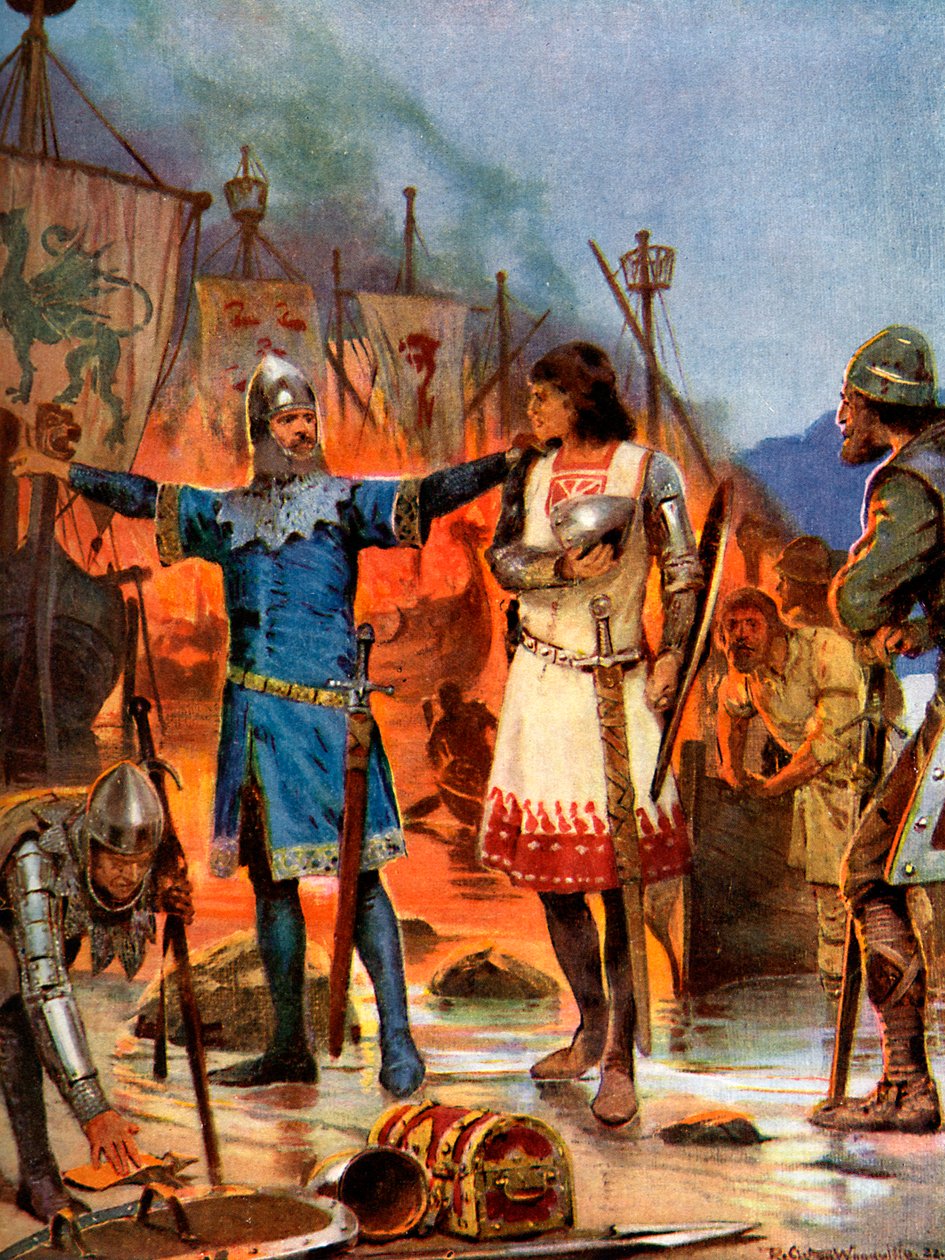Fitz-Stephen bränner sina båtar, 1169 AD, c1920 av Richard Caton II Woodville