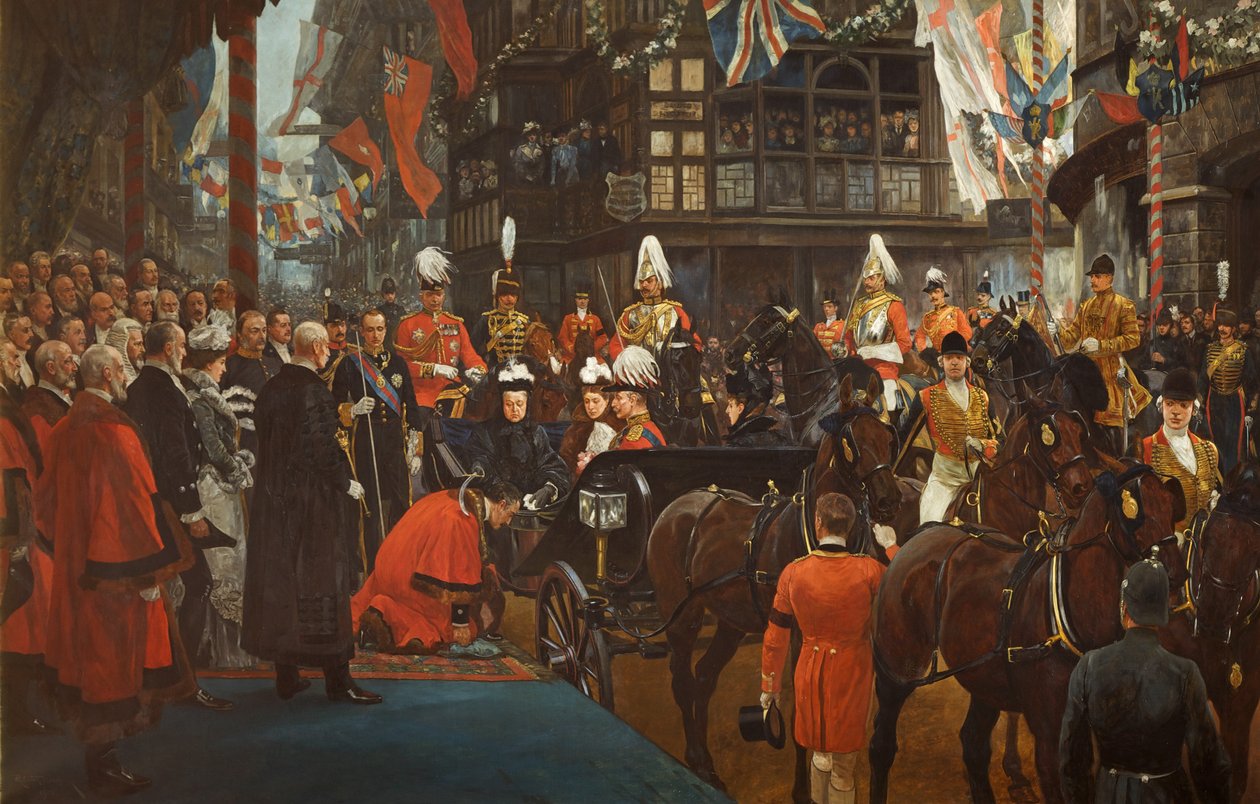 Queen Victoria Knighting Herbert Ashman, Esq., First Lord Mayor of Bristol, i Council House, 12 november av Richard Caton II Woodville