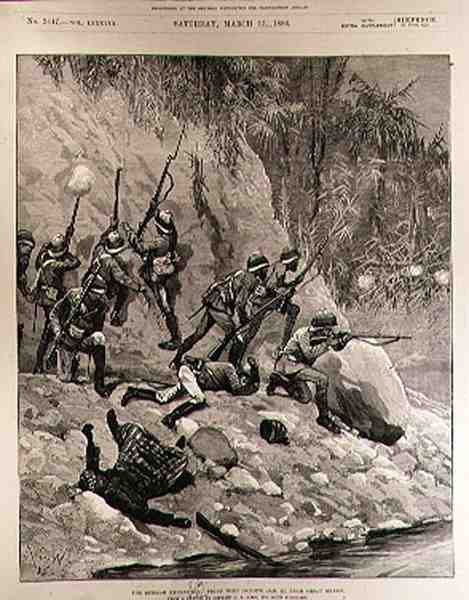 The Burmah Expedition: Fight with Dacoits, 12 januari, nära Shoay Green, från The Illustrated London News, 13 mars 1886 av Richard Caton II Woodville