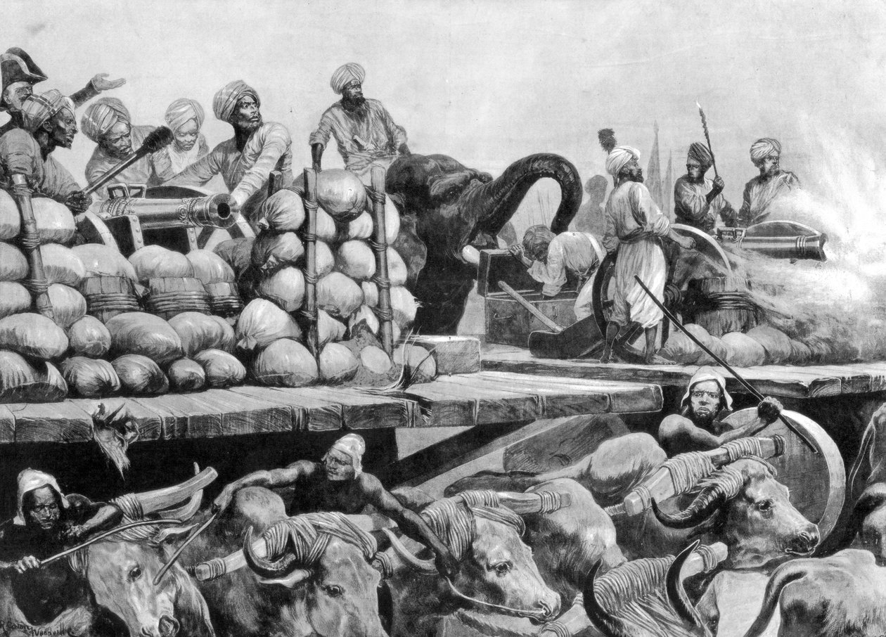Nawab Siraj Ud Daulahs artilleri på dess rörliga plattform, Indien, 1757, 1893. av Richard Caton II Woodville