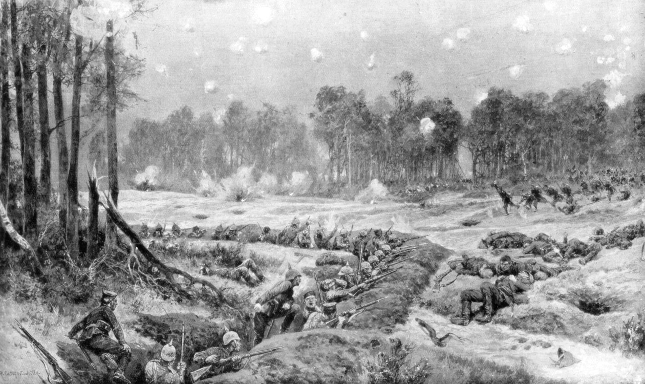 Attacken av de tyska skyttegravarna vid Nogent-lAbbesse, Reims front, 24 september 1914, 1926. av Richard Caton II Woodville