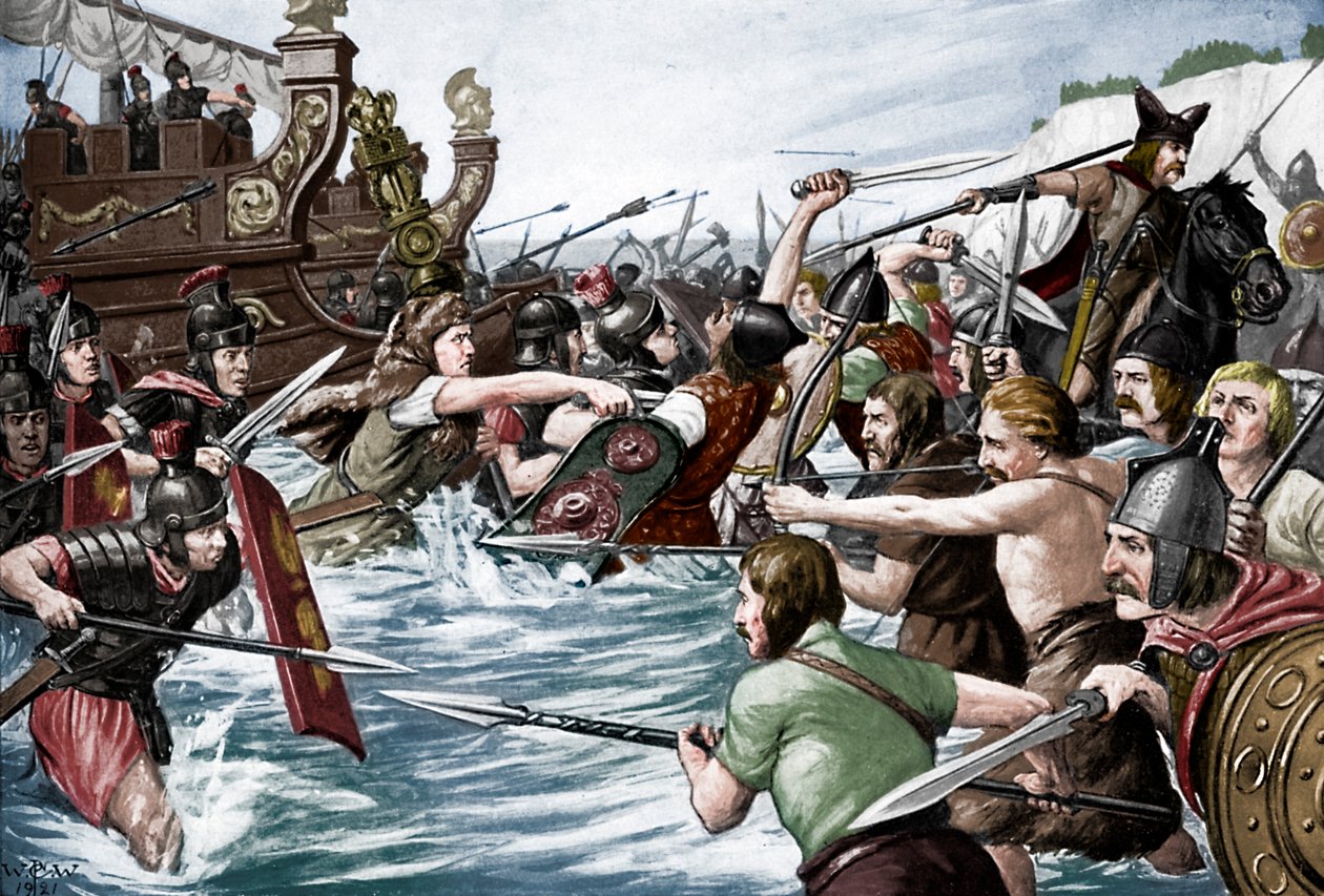 Julius Caesars landstigning i Storbritannien, 55 f.Kr., c1920-talet av Richard Caton II Woodville