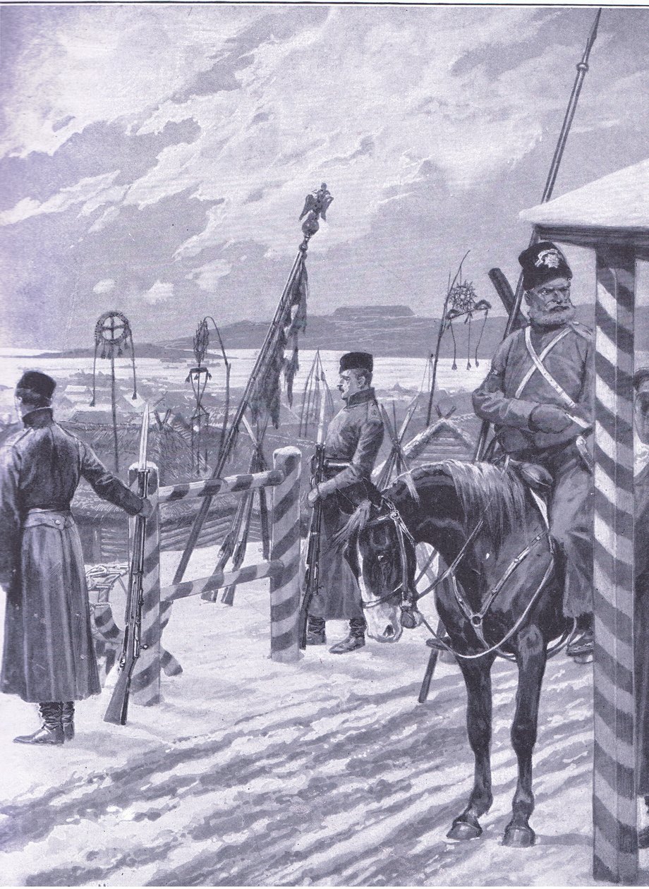 En kosackstation i Manchuriet med stamskyltar över männens hyddor, illustration från Cassells History of the Russian-Japanese War Vol 1, c.1900 av Richard Caton Woodville